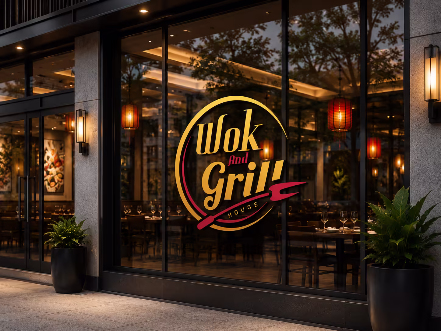 Wok And Grill House Logo Applied to Restaurant Branding Mockup